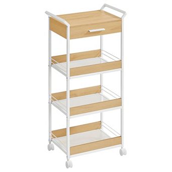 4 tier Rolling Storage Cart for Bathroom or Kitchen with Drawer and Mesh Shelves - Oak and White