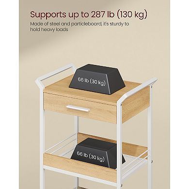4-Tier Rolling Storage Cart for Bathroom or Kitchen with Drawer and Mesh Shelves - Oak and White