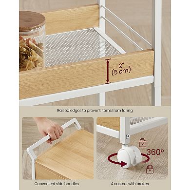 4-Tier Rolling Storage Cart for Bathroom or Kitchen with Drawer and Mesh Shelves - Oak and White