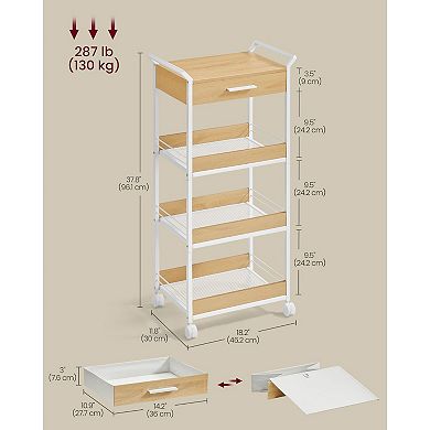 4-Tier Rolling Storage Cart for Bathroom or Kitchen with Drawer and Mesh Shelves - Oak and White