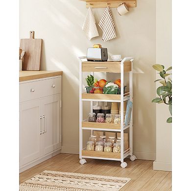 4-Tier Rolling Storage Cart for Bathroom or Kitchen with Drawer and Mesh Shelves - Oak and White