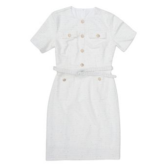 Women's Tweed Sheath Dress with Belted Short Sleeve Work Pencil Dress