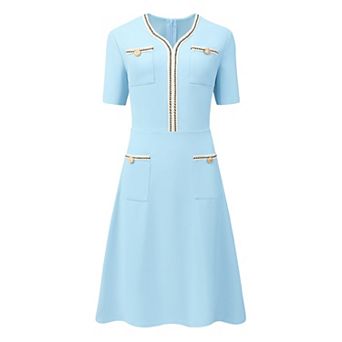 Women's Tweed Trim Dress with Pockets V Neck Short Sleeve A-Line Dress