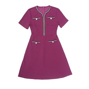 Women's Tweed Trim Dress with Pockets V Neck Short Sleeve A-Line Dress