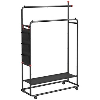 Double-Rod Rolling Garment Rack with Shelf for Bedroom or Closet Storage - Ink Black