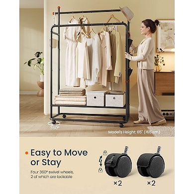 Double-Rod Rolling Garment Rack with Shelf for Bedroom or Closet Storage - Ink Black