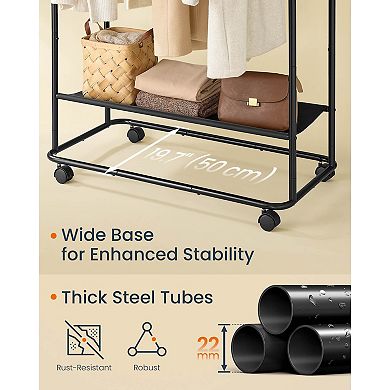 Double-Rod Rolling Garment Rack with Shelf for Bedroom or Closet Storage - Ink Black