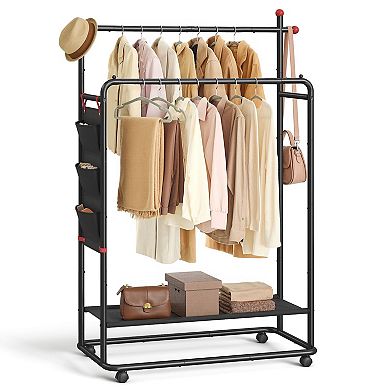 Double-Rod Rolling Garment Rack with Shelf for Bedroom or Closet Storage - Ink Black