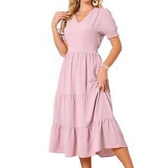 Women's Summer Dress Casual Short Sleeve V Neck A-Line Smocked Ruffle Tiered Flowy Beach Midi Dress