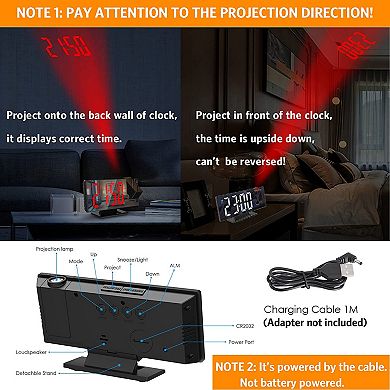 Dimmable LED Alarm Clock, 4-Level Brightness, Projectable, Snooze Function, 7.3"x1.9"x3.0"