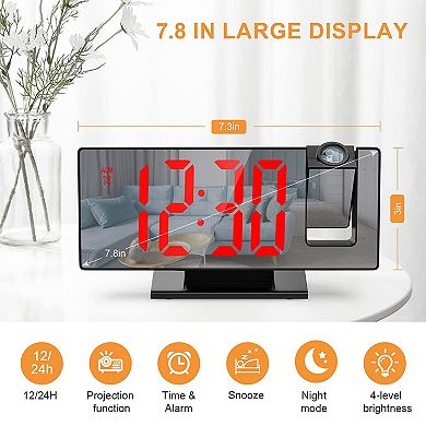 Dimmable LED Alarm Clock, 4-Level Brightness, Projectable, Snooze Function, 7.3"x1.9"x3.0"