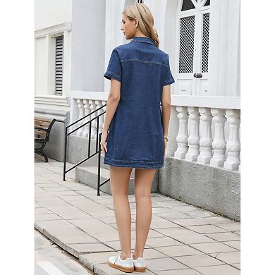 Denim Dress for Women's Short Sleeve Button Down A-Line Jean Dresses
