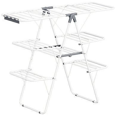 Folding Multi-Tier Drying Rack with Adjustable Wings for Laundry Room or Balcony - White and Grey