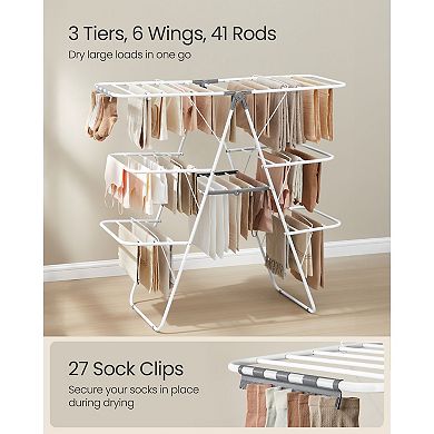 Folding Multi-Tier Drying Rack with Adjustable Wings for Laundry Room or Balcony - White and Grey