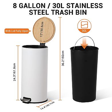 8 Gallon Stainless Steel Round Step Trash Can with Soft-Close Lid​