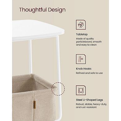 Square Side Table with Fabric Storage Basket, Sturdy Steel Legs for Bedroom or Living Room