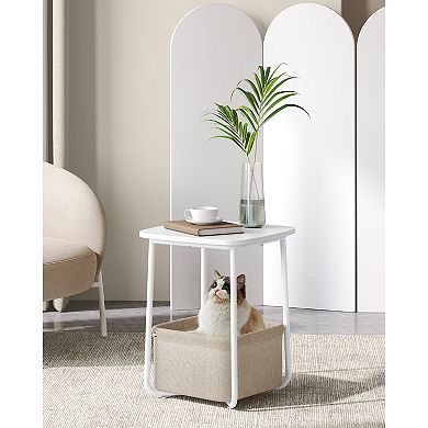 Square Side Table with Fabric Storage Basket, Sturdy Steel Legs for Bedroom or Living Room