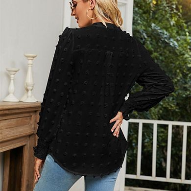 Women's Dot Blouse V-Neck Long Sleeve Smocked Cuff Shirt,Casual Loose Fit Textured Shirt Top