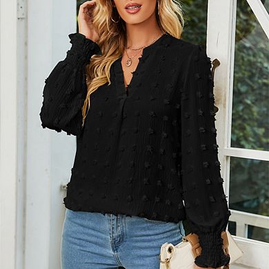 Women's Dot Blouse V-Neck Long Sleeve Smocked Cuff Shirt,Casual Loose Fit Textured Shirt Top