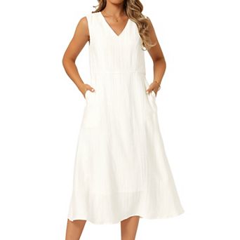 Women's Linen Dress Summer Sleeveless V Neck Tank Sundress Casual ALine Flowy Midi Dress with Pocket