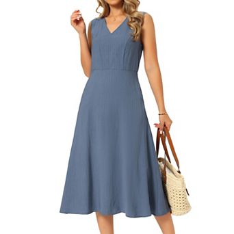 Women's Linen Dress Summer Sleeveless V Neck Tank Sundress Casual ALine Flowy Midi Dress with Pocket