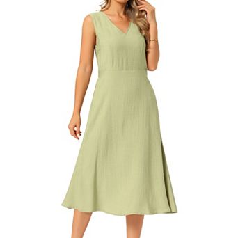 Women's Linen Dress Summer Sleeveless V Neck Tank Sundress Casual ALine Flowy Midi Dress with Pocket