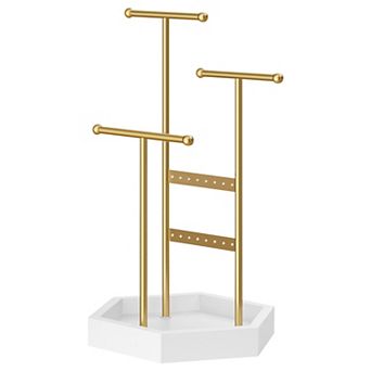 Jewelry Stand with T-Bars and Earring Holes for Necklaces, Bracelets, Rings Gold and White