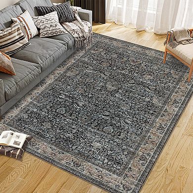 Washable Antique Distressed Area Rugs, Vintage Print Accent Non Slip Large Carpet for Living Room