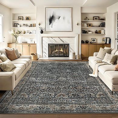 Washable Antique Distressed Area Rugs, Vintage Print Accent Non Slip Large Carpet for Living Room