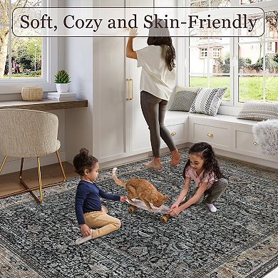 Washable Antique Distressed Area Rugs, Vintage Print Accent Non Slip Large Carpet for Living Room