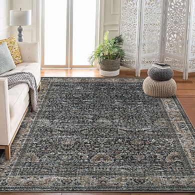 Washable Antique Distressed Area Rugs, Vintage Print Accent Non Slip Large Carpet for Living Room