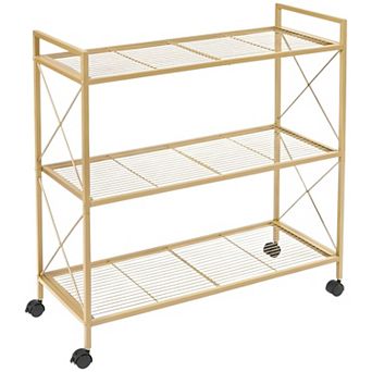 Wide 3 tier Metal Storage Rack for Entryway Kitchen with Mesh Shelves and Casters - Metallic Gold