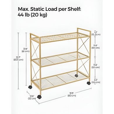 Wide 3-Tier Metal Storage Rack for Entryway Kitchen with Mesh Shelves and Casters - Metallic Gold