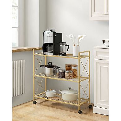 Wide 3-Tier Metal Storage Rack for Entryway Kitchen with Mesh Shelves and Casters - Metallic Gold