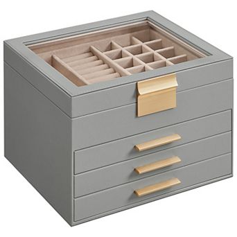 4-Layer Jewellery Box with Clear Lid and Velvet Compartments - Dove Grey and Gold