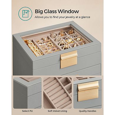 4-Layer Jewellery Box with Clear Lid and Velvet Compartments - Dove Grey and Gold