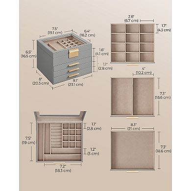 4-Layer Jewellery Box with Clear Lid and Velvet Compartments - Dove Grey and Gold