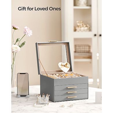 4-Layer Jewellery Box with Clear Lid and Velvet Compartments - Dove Grey and Gold