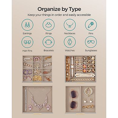 4-Layer Jewellery Box with Clear Lid and Velvet Compartments - Dove Grey and Gold