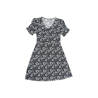 Women's Floral Print Dress Ruched Short Sleeve V Neck Stretchy A Line Flowy Knee Length Summer Dress