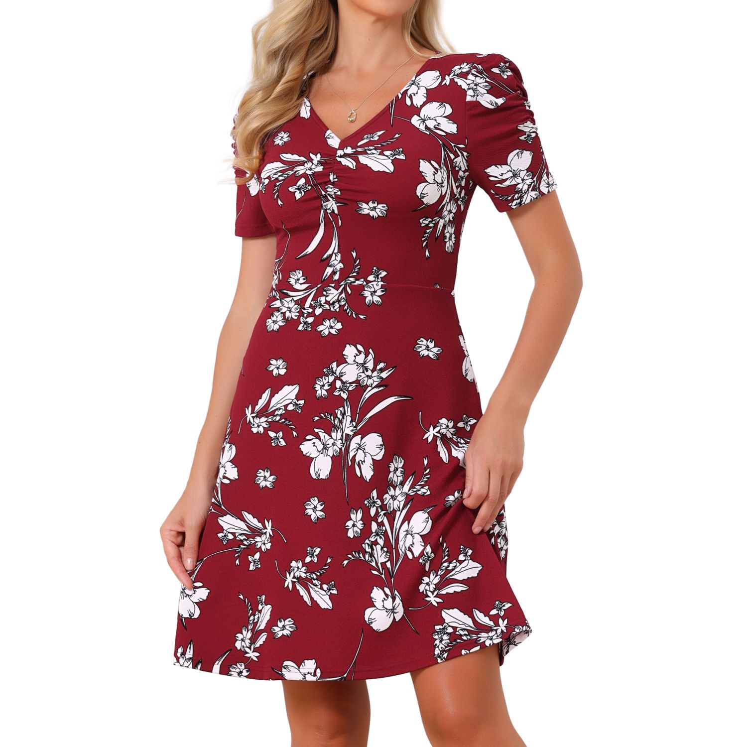 Женские платья Floral Print Dress Ruched Short Sleeve V Neck Stretchy A Line Flowy Knee Length Summer Dress