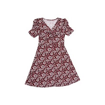 Women's Floral Print Dress Ruched Short Sleeve V Neck Stretchy A Line Flowy Knee Length Summer Dress
