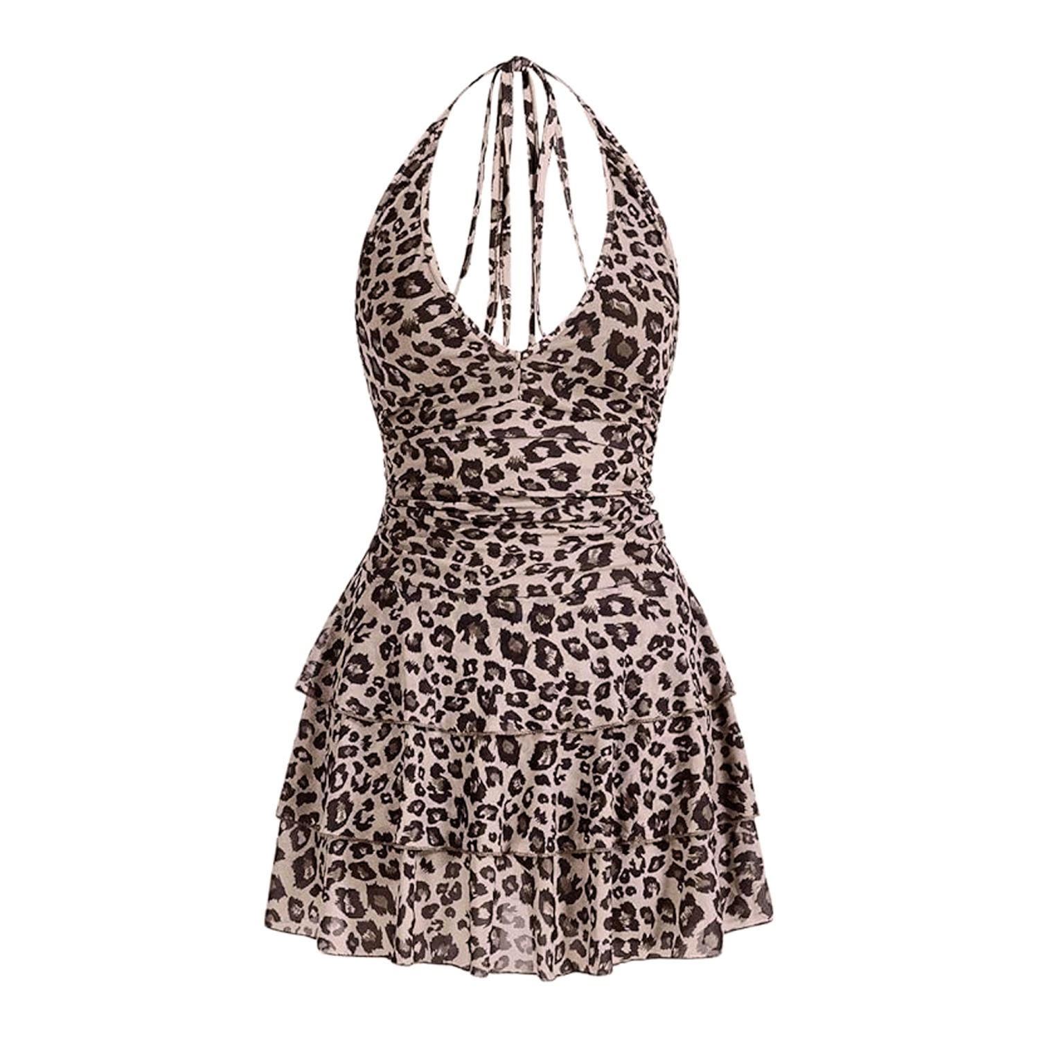 Женские платья Sleeveless Mini Dress for V Neck Halter Leopard Tiered Dresses