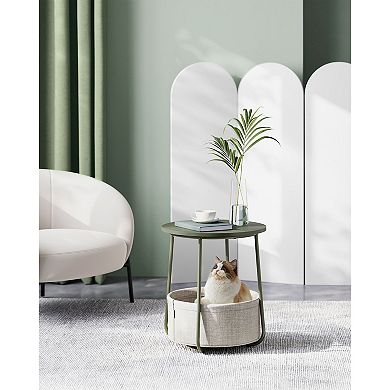 Forest Green End Table with Cream Basket, Steel Frame, Quick Assembly for Small Spaces