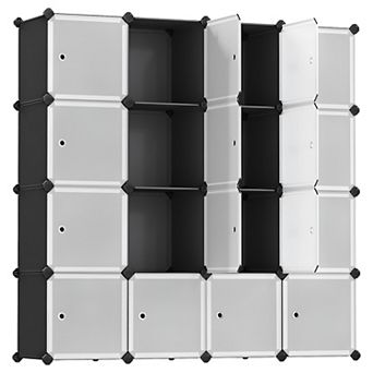 Versatile Plastic Storage Organizer, 16-Cube Unit, Black and White with Anti-Tip Kit