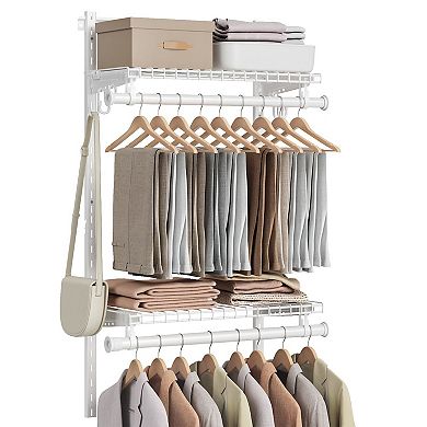 Adjustable Closet Storage System with Shelves and Hanging Rods for Bedroom Organization