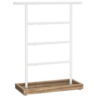 White and Wood Jewelry Organizer with Multi-Bar Design and Storage Tray