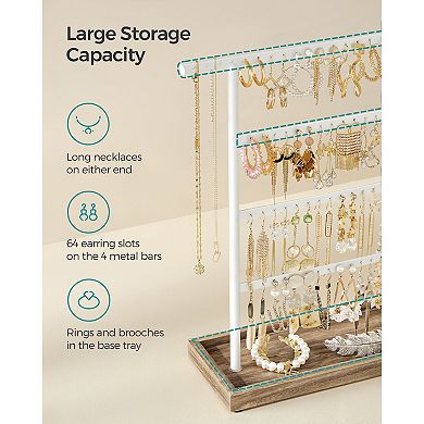 White and Wood Jewelry Organizer with Multi-Bar Design and Storage Tray