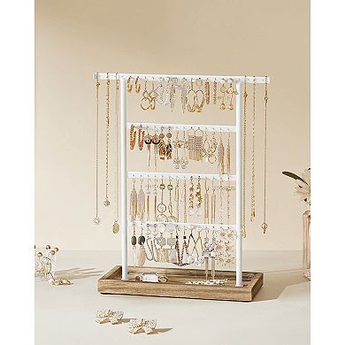 White and Wood Jewelry Organizer with Multi-Bar Design and Storage Tray