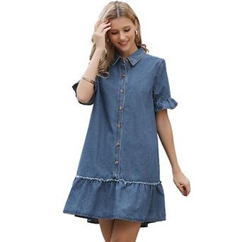 Demin Mini Dress for Women's Ruffle Sleeve Button Up Collared Casual Jean Dresses with Pockets